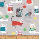 Knit Together Cat Novelty fabric on pale grey, 25cm cut WOF